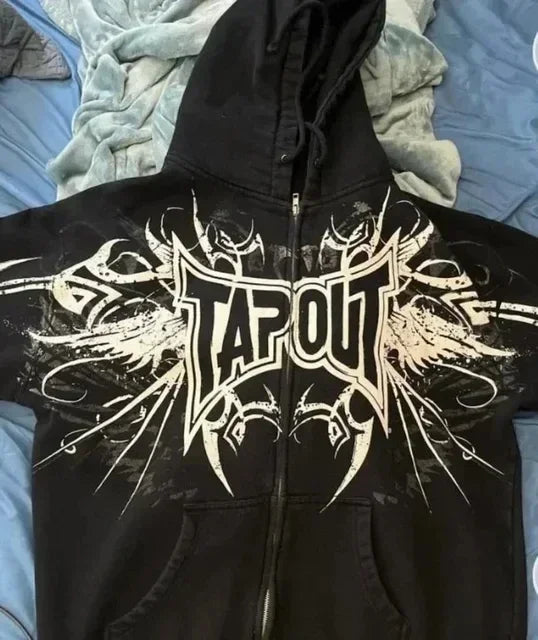 Tapout Embroidery Graphic Zipper Hoodie Vintage Y2k Sweatshirt Women Mens Hip Hop Streetwear Oversized Hoodie Jacket Clothes