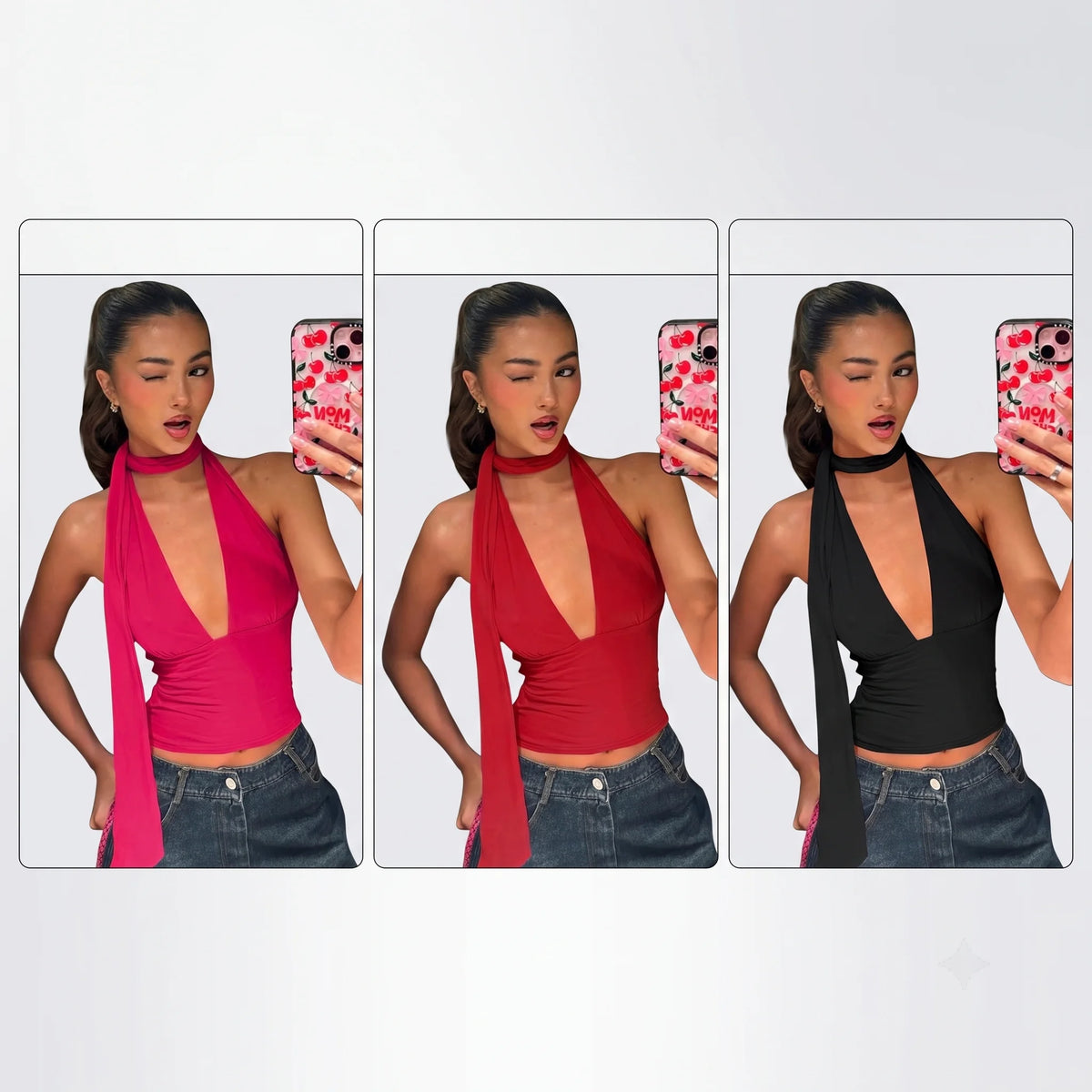 Sexy Deep V-Neck Halter Crop Top for Women Y2K Built-in Scarf Backless Sleeveless Slim Tank Top Summer Club Party Streetwear