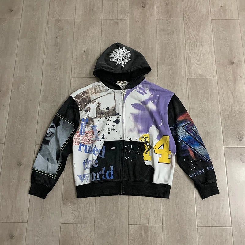 New VALLEY Unisex Graphic Washed Zip Up Hoodie Retro Portrait Collage Vintage Print Baggy Street Sweatshirt