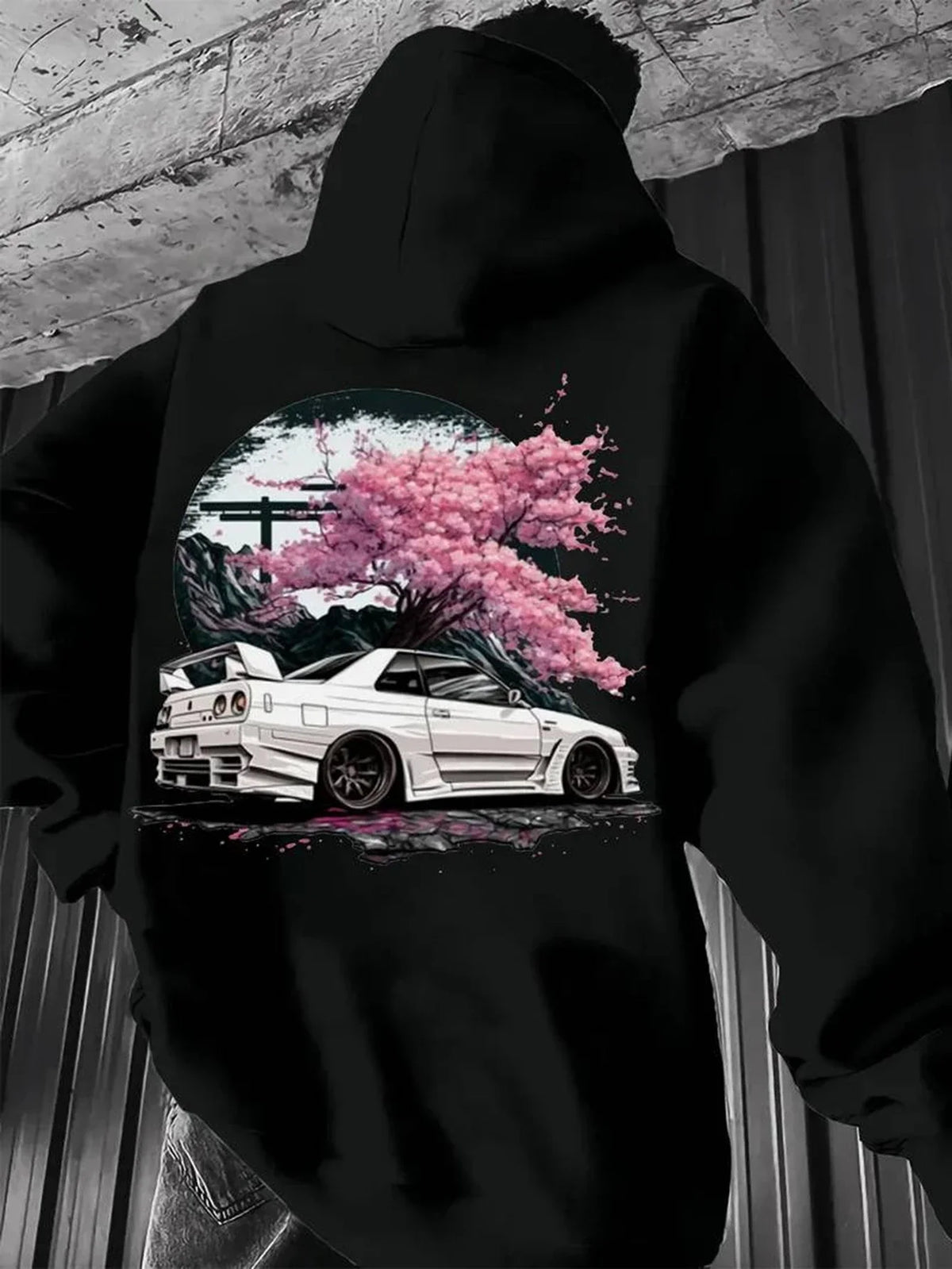 Men's Hoodie for Autumn/Winter Minimalist Streetwear Style Featuring Vintage JDM White Sports Car and Cherry Blossom Graphics